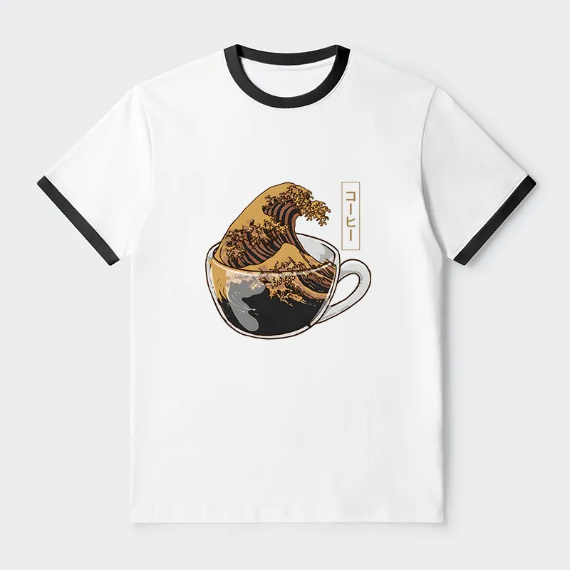 Tokyo-Tiger Coffee Wave Contrast Trim T-Shirt