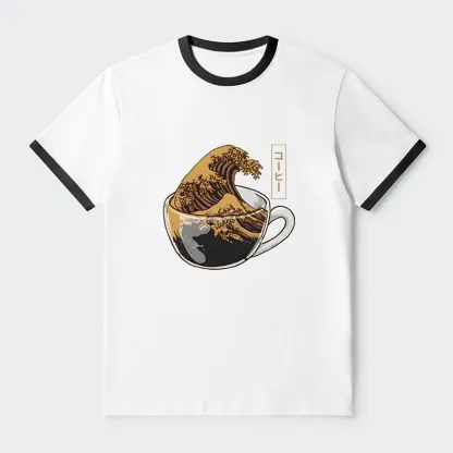 Tokyo-Tiger Coffee Wave Contrast Trim T-Shirt
