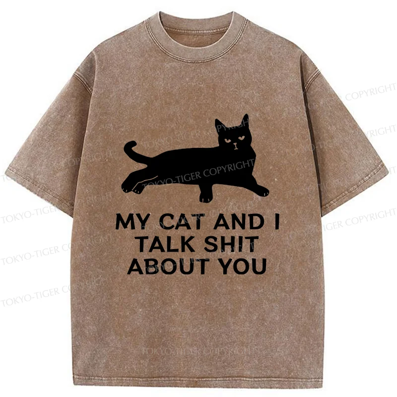 Tokyo-Tiger Gossiping Black Cat Washed T-Shirt