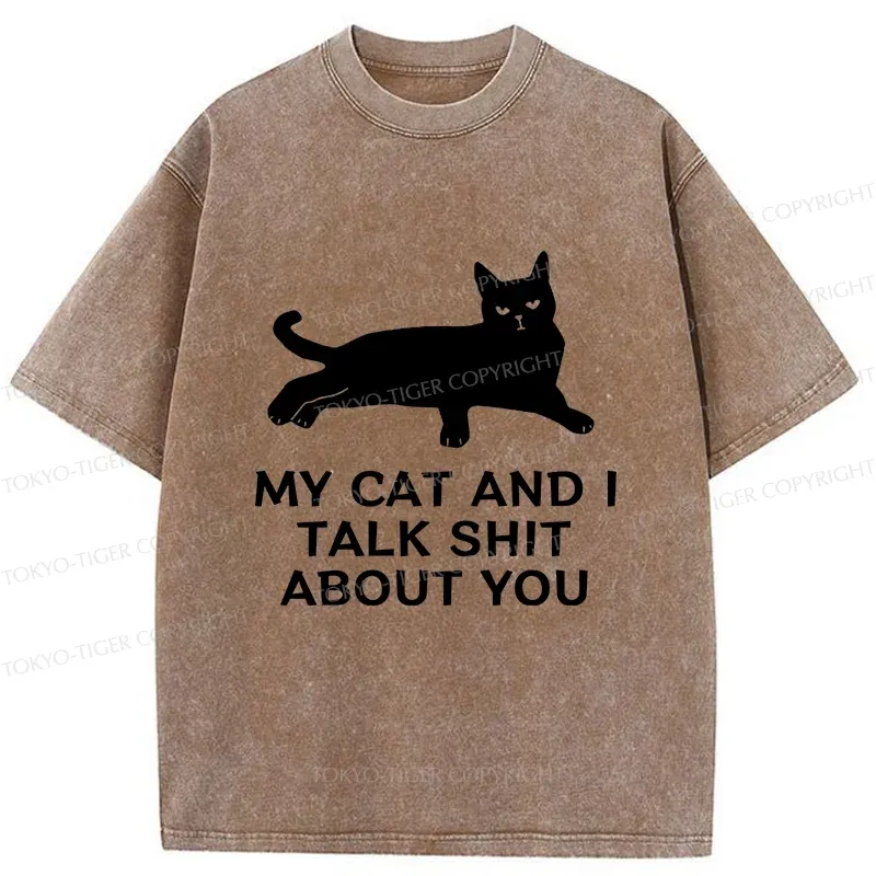 Tokyo-Tiger Gossiping Black Cat Washed T-Shirt