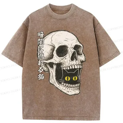 Tokyo-Tiger Cat Hiding In The Skull Washed T-Shirt