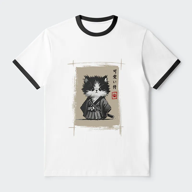 Tokyo-Tiger Kitten Samurai Contrast Trim T-Shirt