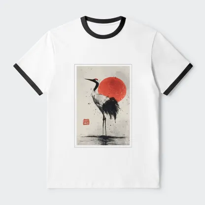 Tokyo-Tiger Retro Japanese Red-crowned Crane Contrast Trim T-Shirt