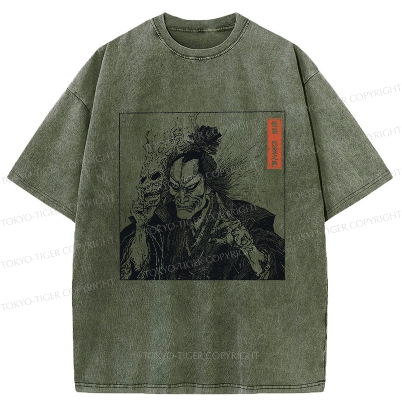 Tokyo-Tiger Samurai Taking Off His Demon Mask Washed T-Shirt