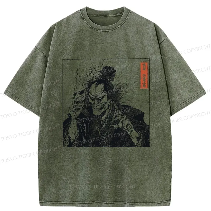 Tokyo-Tiger Samurai Taking Off His Demon Mask Washed T-Shirt