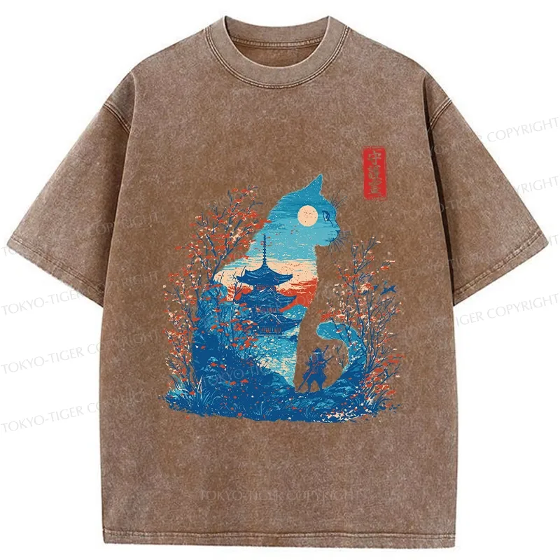Tokyo-Tiger Cat Guardian Silhouette Washed T-Shirt