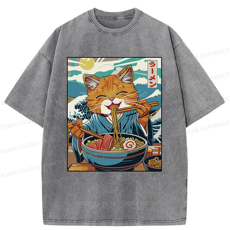 Tokyo-Tiger Orange Cat Eating Ramen Washed T-Shirt