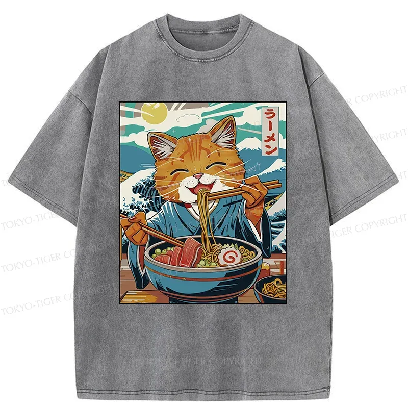 Tokyo-Tiger Orange Cat Eating Ramen Washed T-Shirt