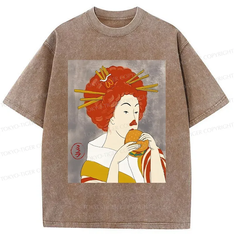 Tokyo-Tiger Japanese Eating Hamburger Washed T-Shirt