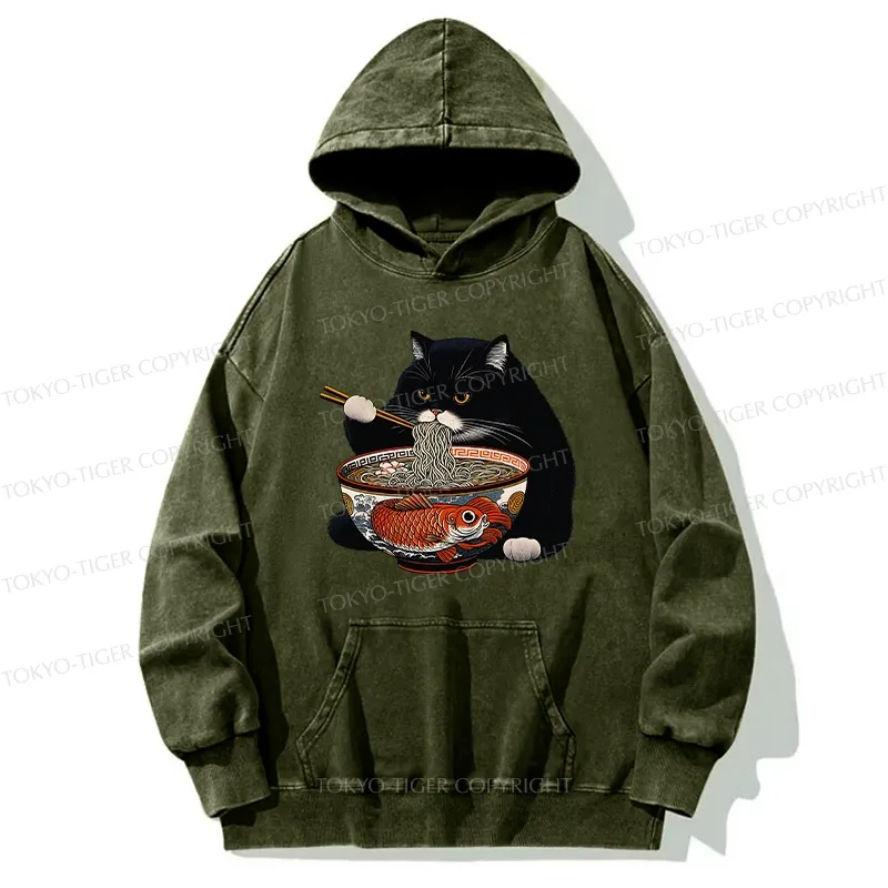 Tokyo-Tiger Fat Cat Eating Ramen Washed Hoodie
