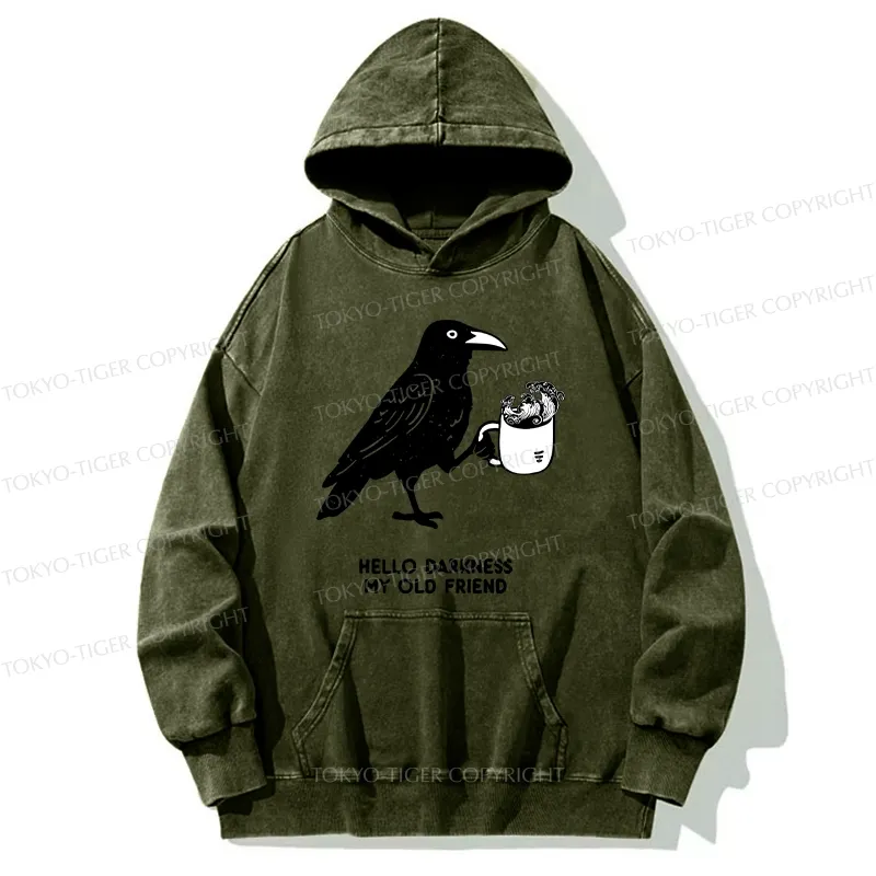 Tokyo-Tiger Crow Drinking Black Coffee Funny Washed Hoodie