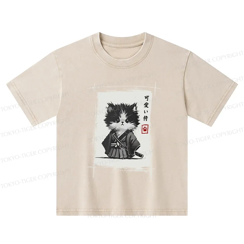 Tokyo-Tiger Kitten Samurai Kids Washed T-Shirt