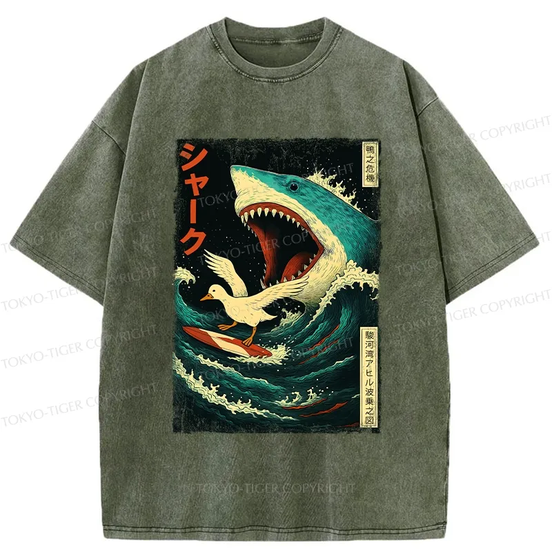 Tokyo-Tiger Duck Riding The Waves Washed T-Shirt