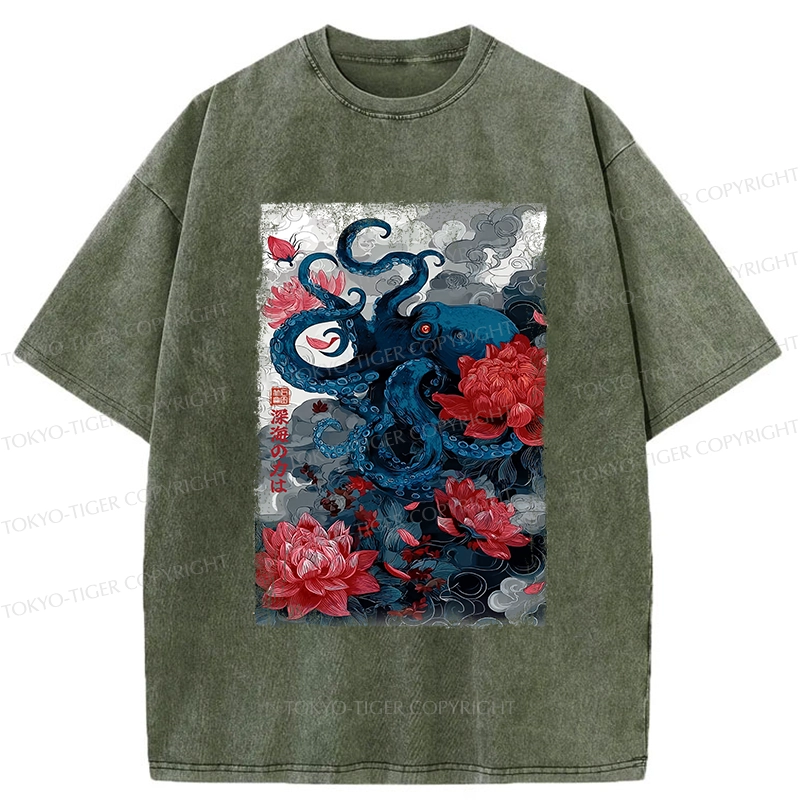 Tokyo-Tiger Deep Sea Retro Octopus Washed T-Shirt
