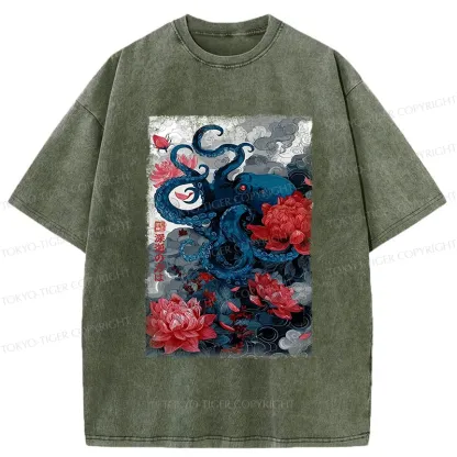 Tokyo-Tiger Deep Sea Retro Octopus Washed T-Shirt