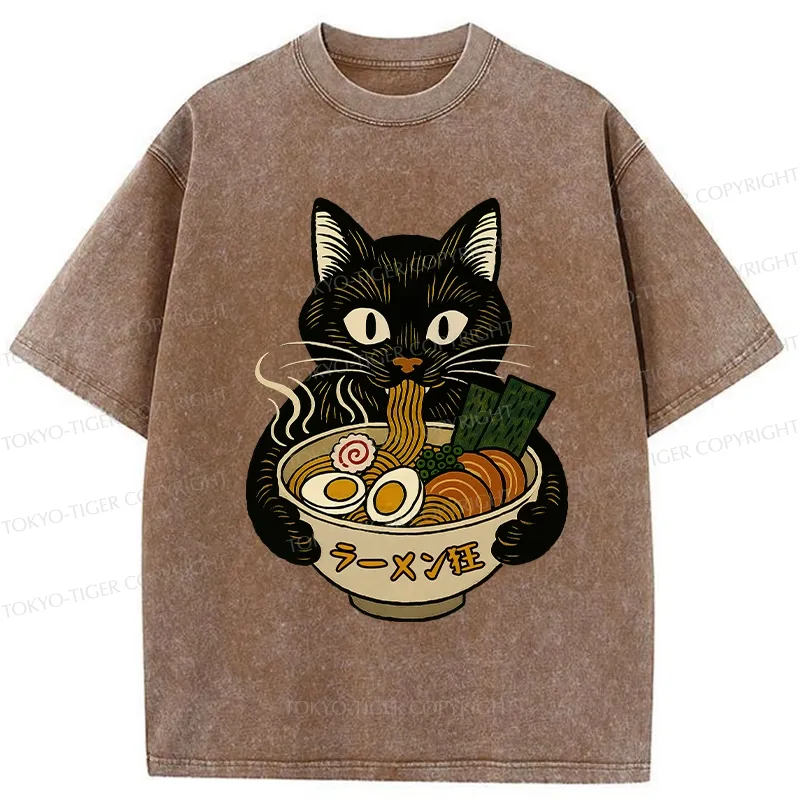 Tokyo-Tiger Ramen Fanatic Cat Washed T-Shirt