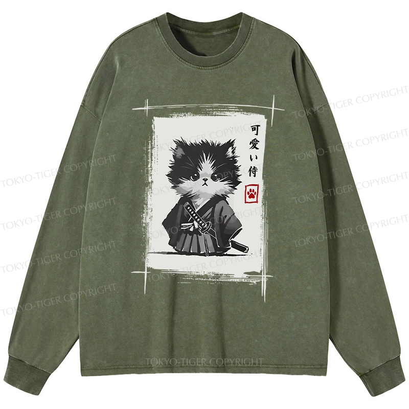 Tokyo-Tiger Kitten Samurai Washed Long Sleeve T-Shirt