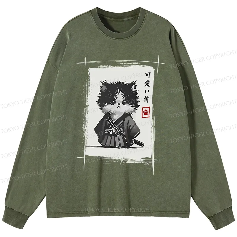 Tokyo-Tiger Kitten Samurai Washed Long Sleeve T-Shirt