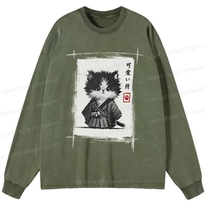 Tokyo-Tiger Kitten Samurai Washed Long Sleeve T-Shirt