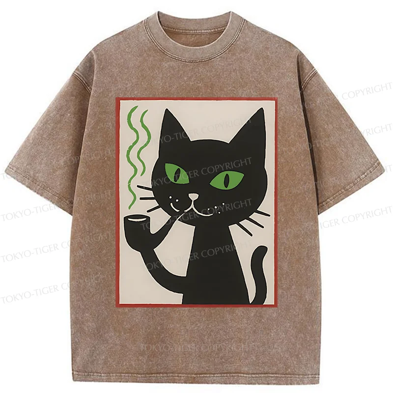 Tokyo-Tiger Black Cat Smoking Washed T-Shirt