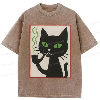 Tokyo-Tiger Black Cat Smoking Washed T-Shirt