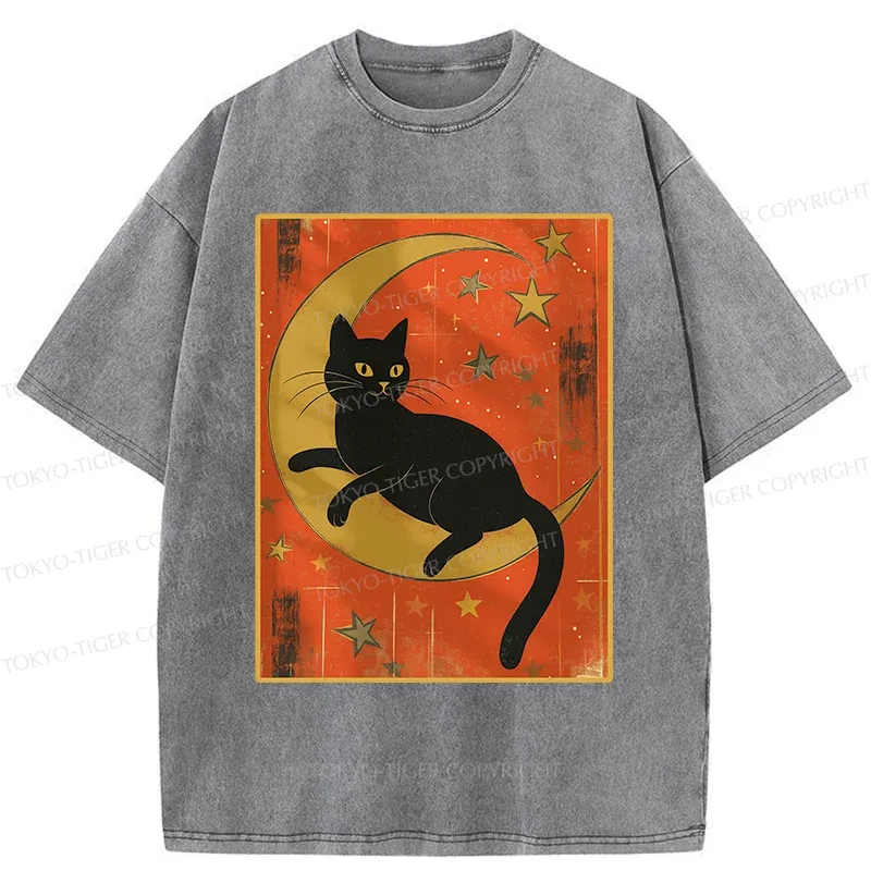 Tokyo-Tiger Black Cat On The Moon Washed T-Shirt
