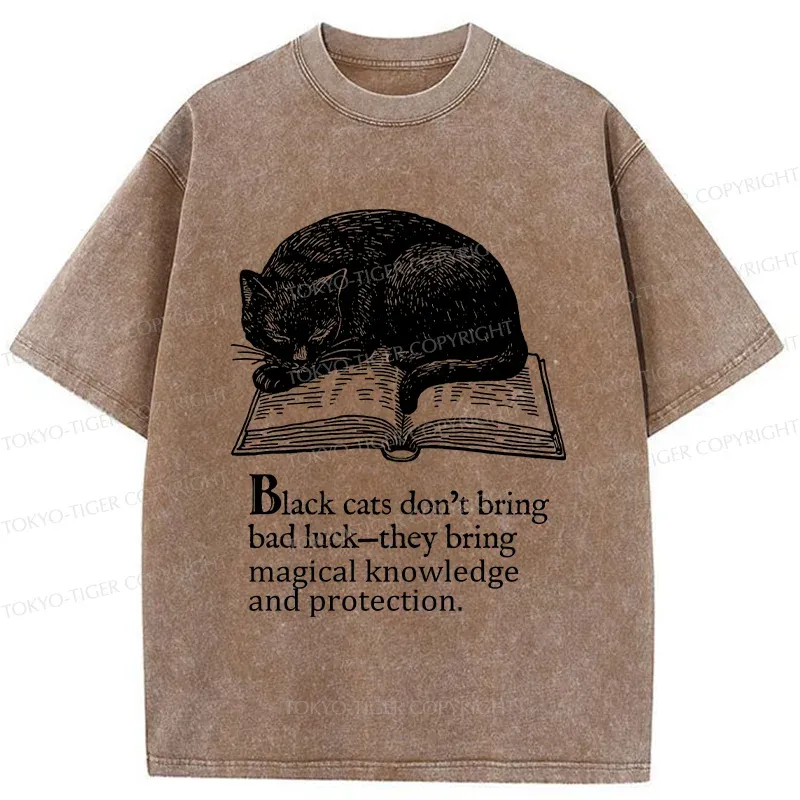 Tokyo-Tiger Black Cat Sleeping On A Book Washed T-Shirt