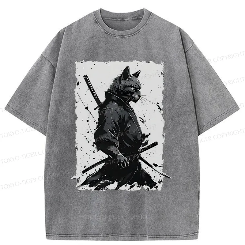 Tokyo-Tiger Handsome Samurai Cat Washed T-Shirt