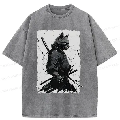 Tokyo-Tiger Handsome Samurai Cat Washed T-Shirt