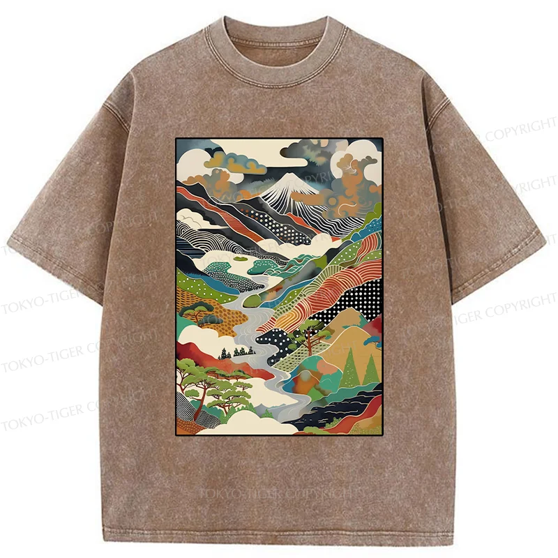 Tokyo-Tiger Japanese Mountain Scenery Washed T-Shirt