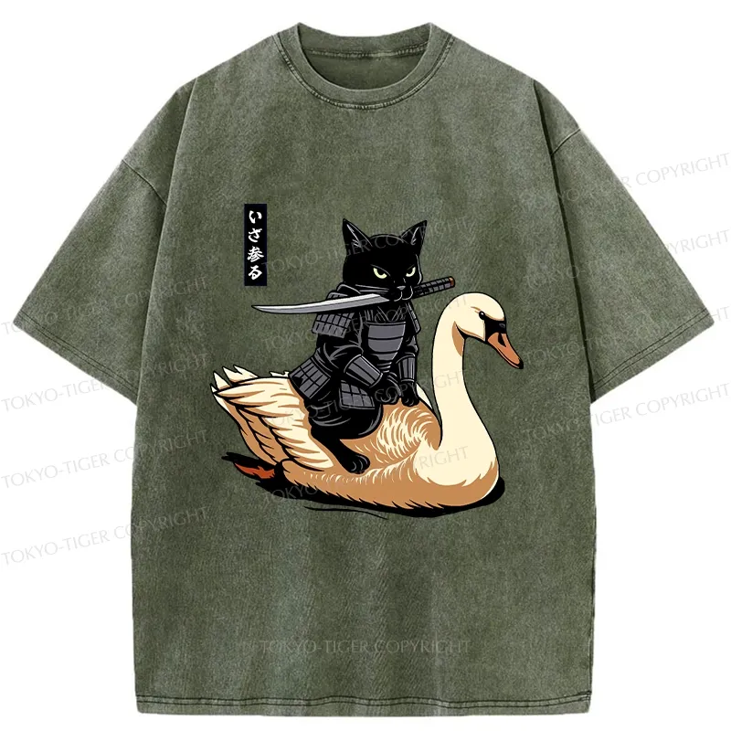 Tokyo-Tiger Black Cat Samurai Riding A Goose Washed T-Shirt