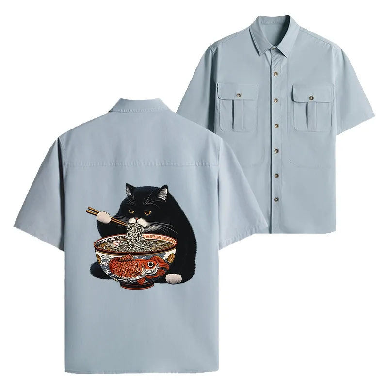 Tokyo-Tiger Fat Cat Eating Ramen Work Shirt
