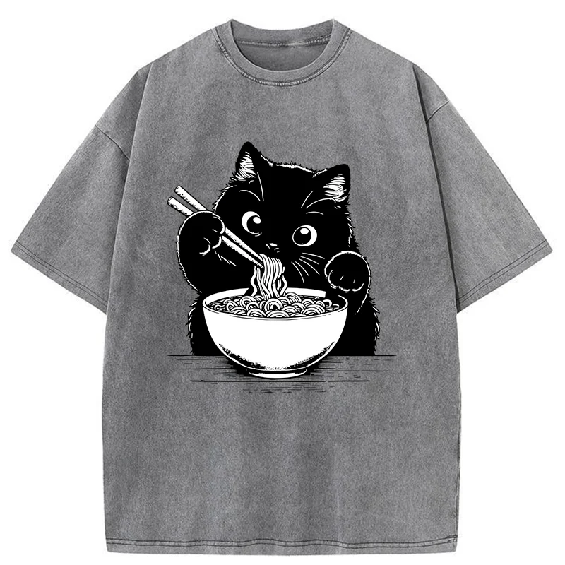 Tokyo-Tiger Cute Cat Eating Ramen Washed T-Shirt