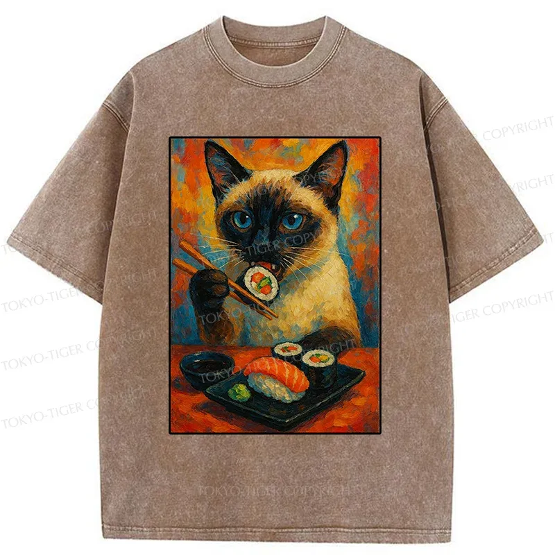Tokyo-Tiger Siamese Cat Eating Sushi Washed T-Shirt