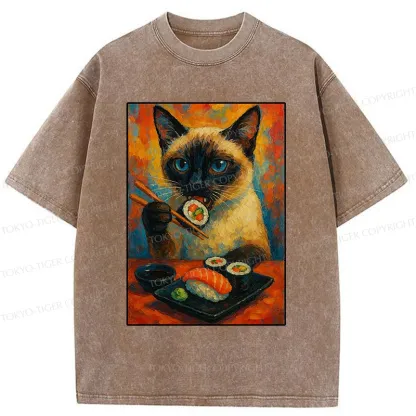 Tokyo-Tiger Siamese Cat Eating Sushi Washed T-Shirt