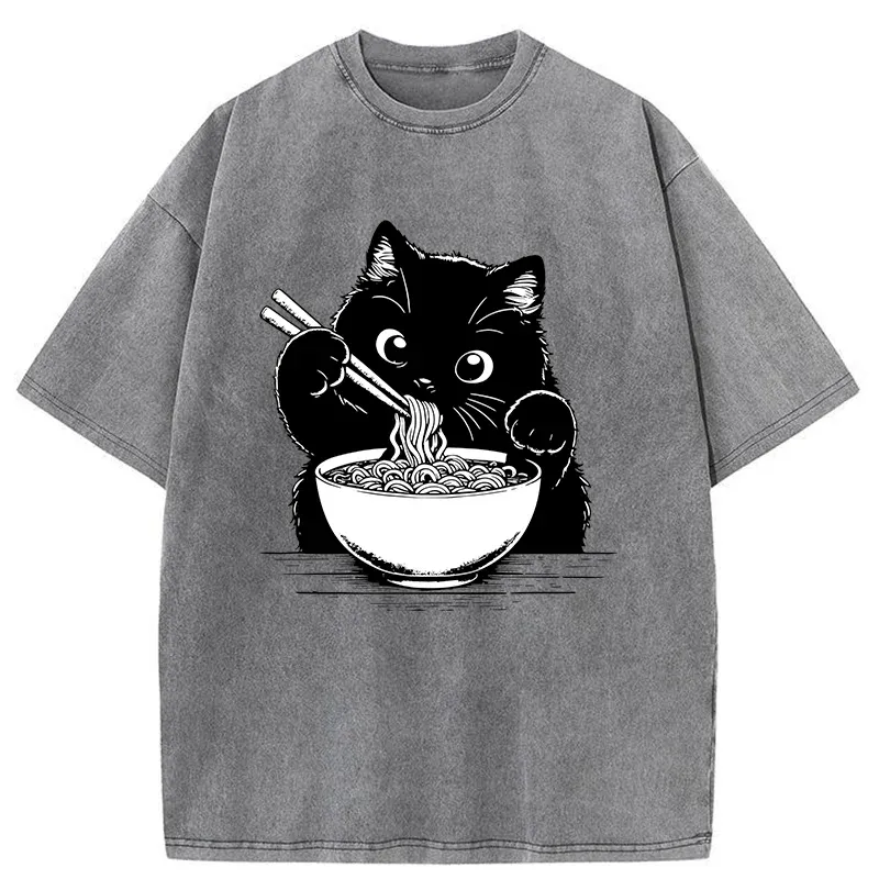 Tokyo-Tiger Cute Cat Eating Ramen Washed T-Shirt