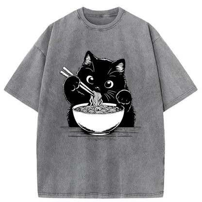 Tokyo-Tiger Cute Cat Eating Ramen Washed T-Shirt