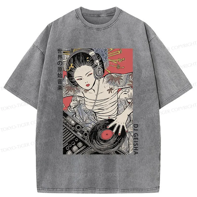 Tokyo-Tiger Geisha DJ Funny Washed T-Shirt
