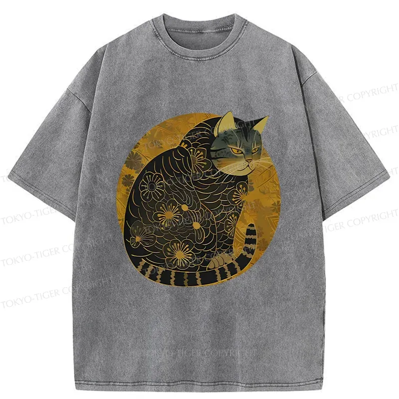 Tokyo-Tiger Japanese Retro Cat Washed T-Shirt