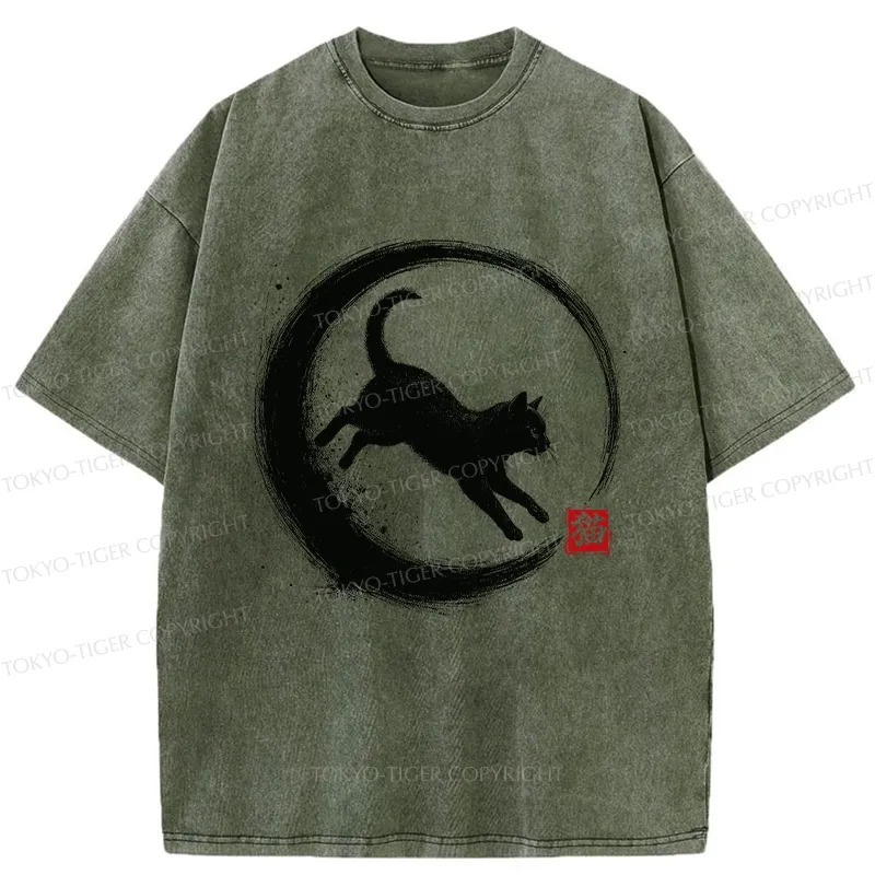 Tokyo-Tiger Retro Cat Enso Japanese Washed T-Shirt