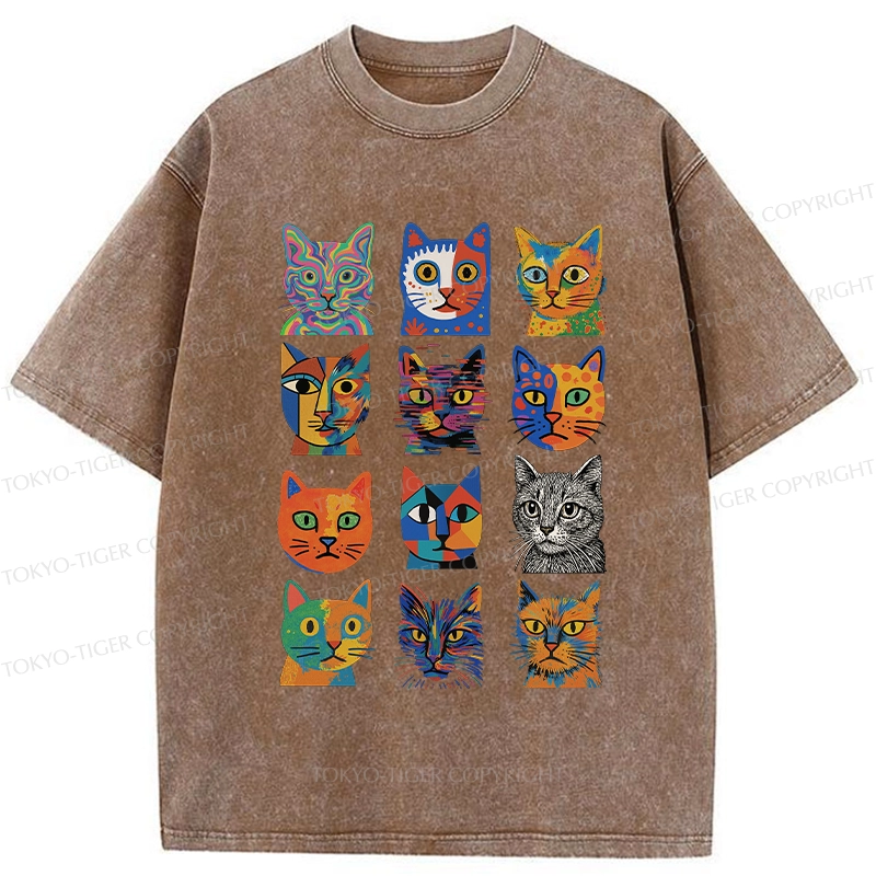Tokyo-Tiger Abstract Cats Collection Washed T-Shirt