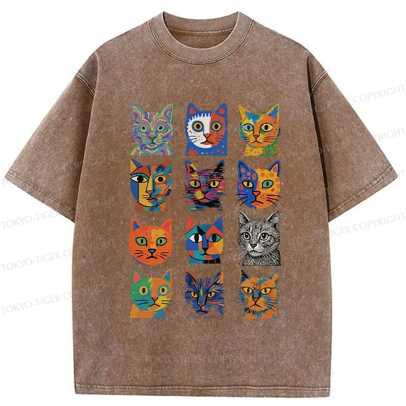 Tokyo-Tiger Abstract Cats Collection Washed T-Shirt