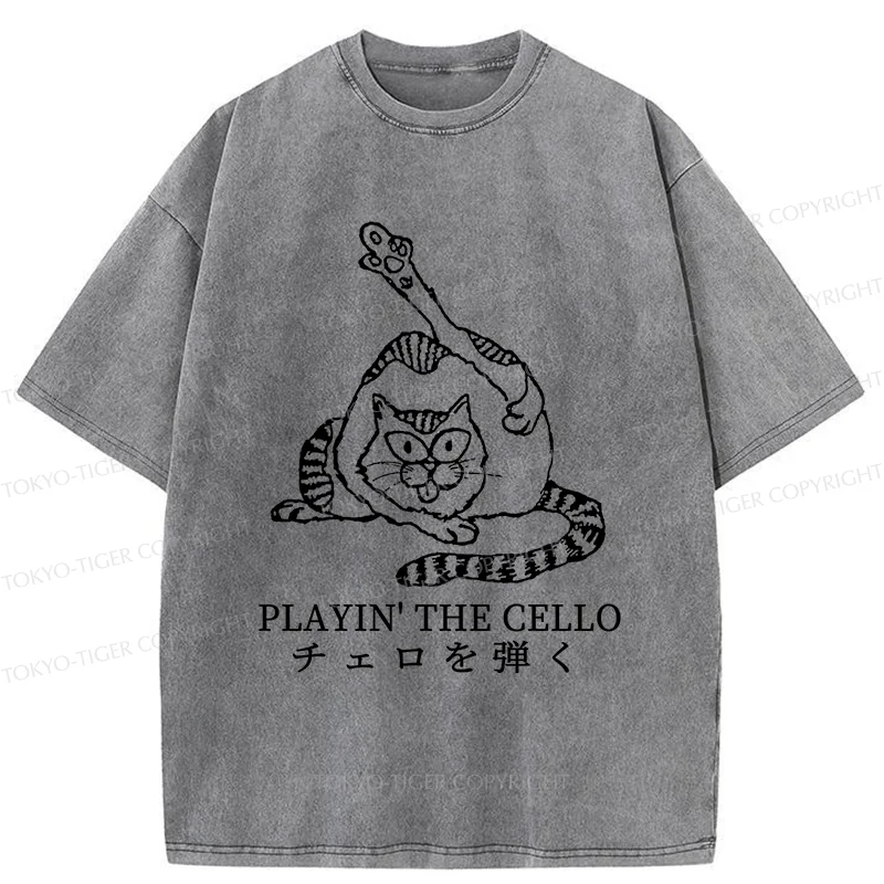Tokyo-Tiger Cat Playing Cello Washed T-Shirt