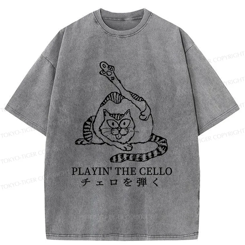 Tokyo-Tiger Cat Playing Cello Washed T-Shirt