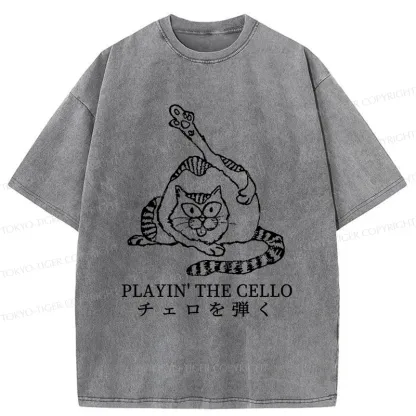 Tokyo-Tiger Cat Playing Cello Washed T-Shirt