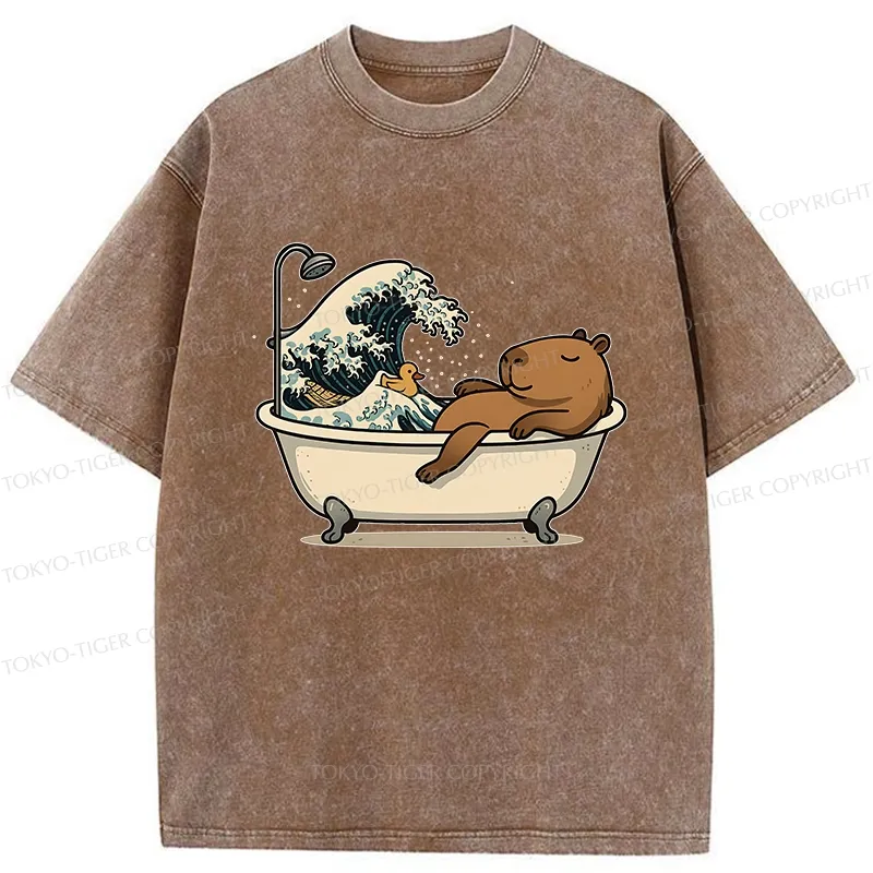 Tokyo-Tiger Funny Capybara Bathing Washed T-Shirt
