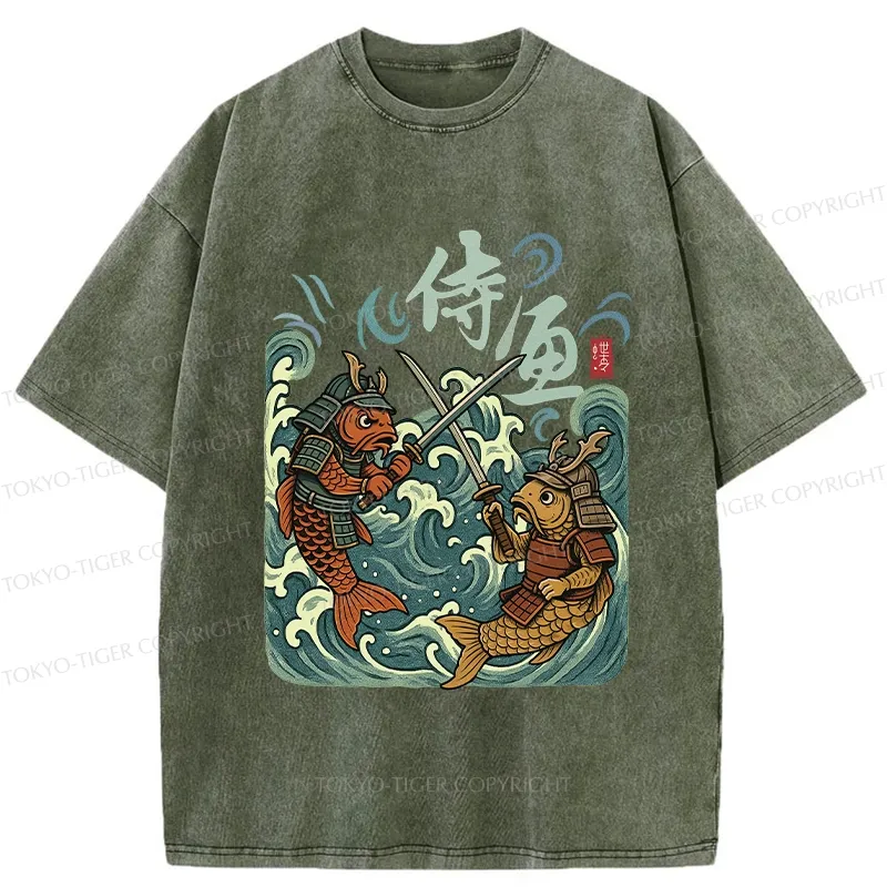Tokyo-Tiger Japanese Samurai Fish Washed T-Shirt
