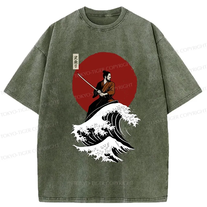 Tokyo-Tiger Surfing Japanese Samurai Washed T-Shirt