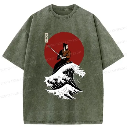 Tokyo-Tiger Surfing Japanese Samurai Washed T-Shirt