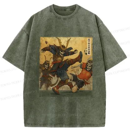 Tokyo-Tiger Skeleton Samurai Playing Football Washed T-Shirt